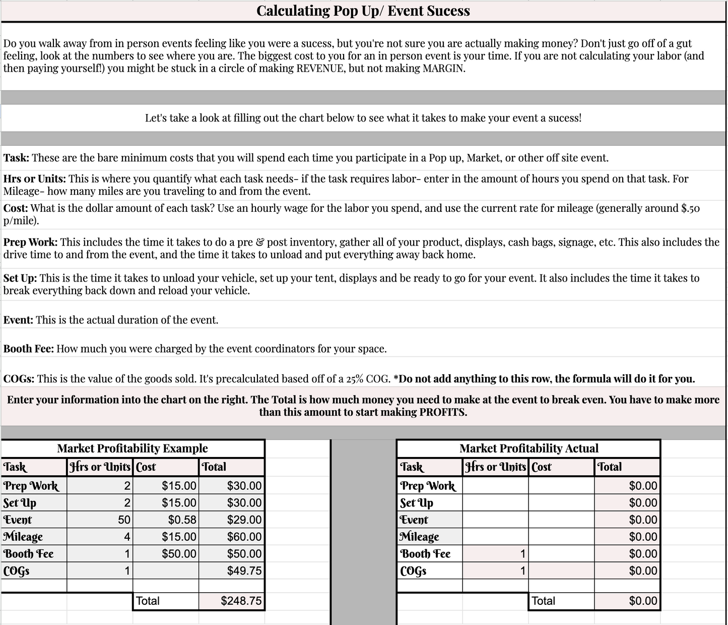 Blink Book Digital Organizer: Pop Up Profitability Worksheet